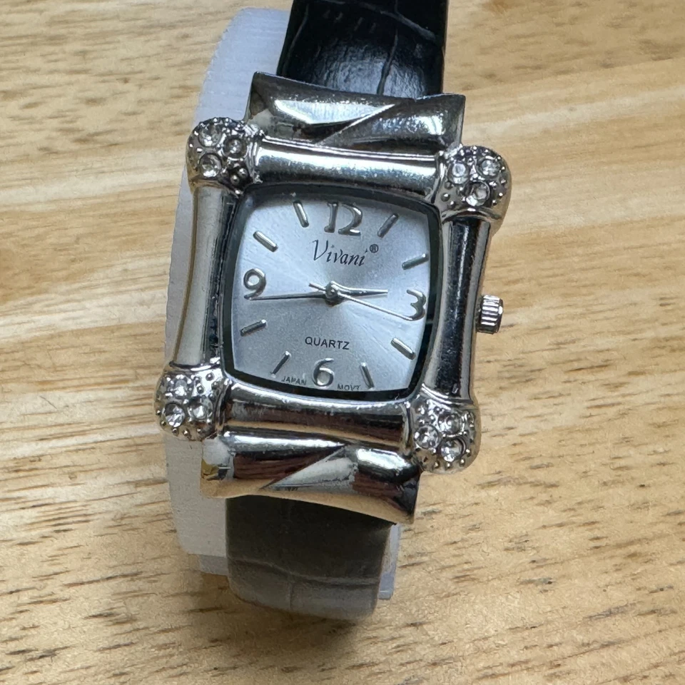 Vivani Quartz Watch Women Silver Square Rhinestone Cuff Bangle Japan New Battery - Image 2 of 4