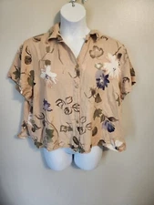 Avenue Beige Floral Collared Button Up Crop Top 22 24 2X