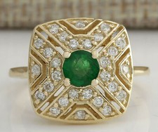 0.95 Carat Natural Green Emerald and Diamonds Solid 14K Yellow Gold Woman's Ring