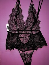 Victoria's Secret 34C 34D 36B 36C M TEDDY one-piece bodysuit beige black lace