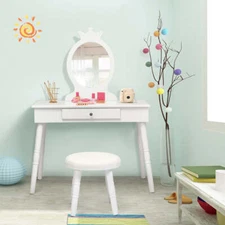 NNECW Vanity Makeup Table Set with Real Mirror for Little Girls White