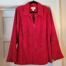 CJ Banks Jacket Womens Plus Size 1X Red Zip Front Long Sleeve Embossed Pockets