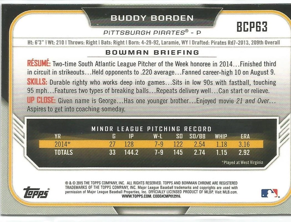 Buddy Borden Pittsburgh 2015 Bowman Prospect Chrome Card - Image 2 of 2