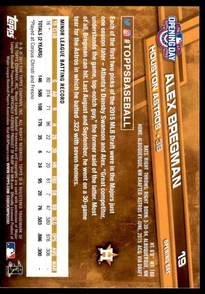 2017 Topps Opening Day Alex Bregman Rookie R58 Houston Astros #19 - Image 2 of 2