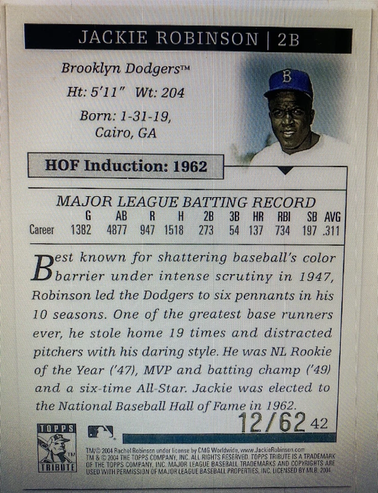 2004 TOPPS TRIBUTE JACKIE ROBINSON #42 GOLD REFRACTOR 12/62 BROOKLYN DODGERS 💎 - Image 2 of 2