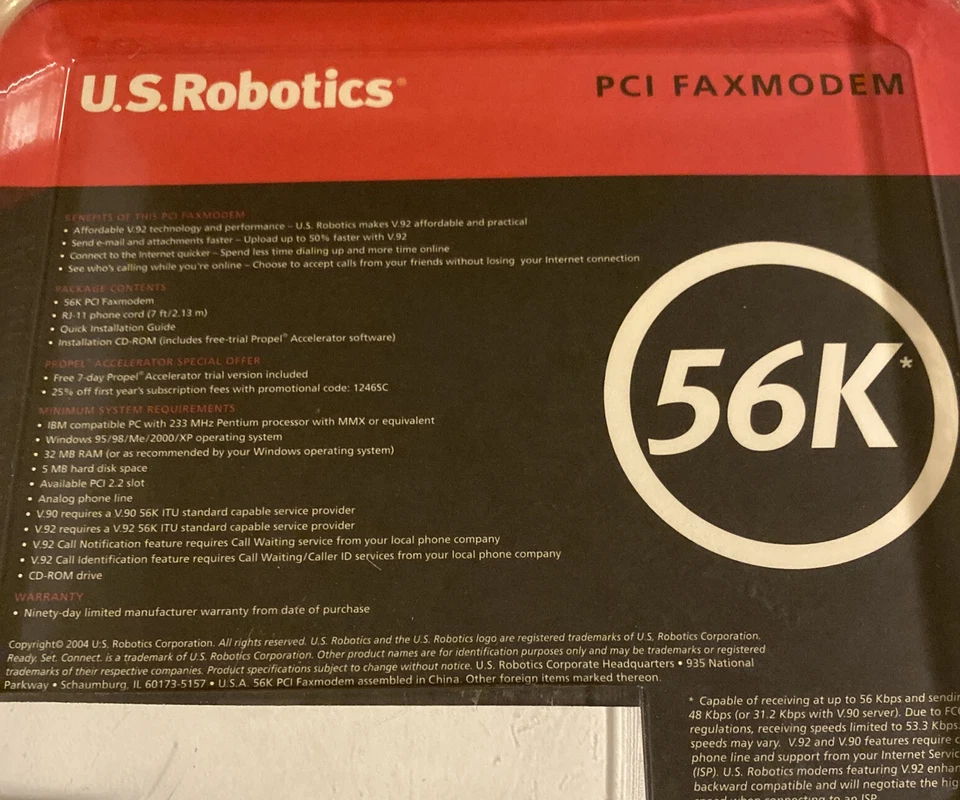 U.S. Robotics V.92 56K PCI Faxmodem USR265660A with Software NOS Sealed - Image 4 of 4