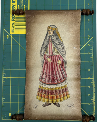 Vintage Persian Lady Mini Painting On Leather Scroll Signed