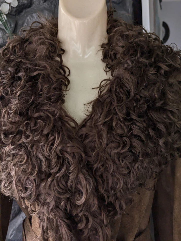 Vtg Brown Suede Penny Lane Coat Mongolian Tibetian Lamb Sz M Boho Hippy 60s 70s - Image 3 of 4
