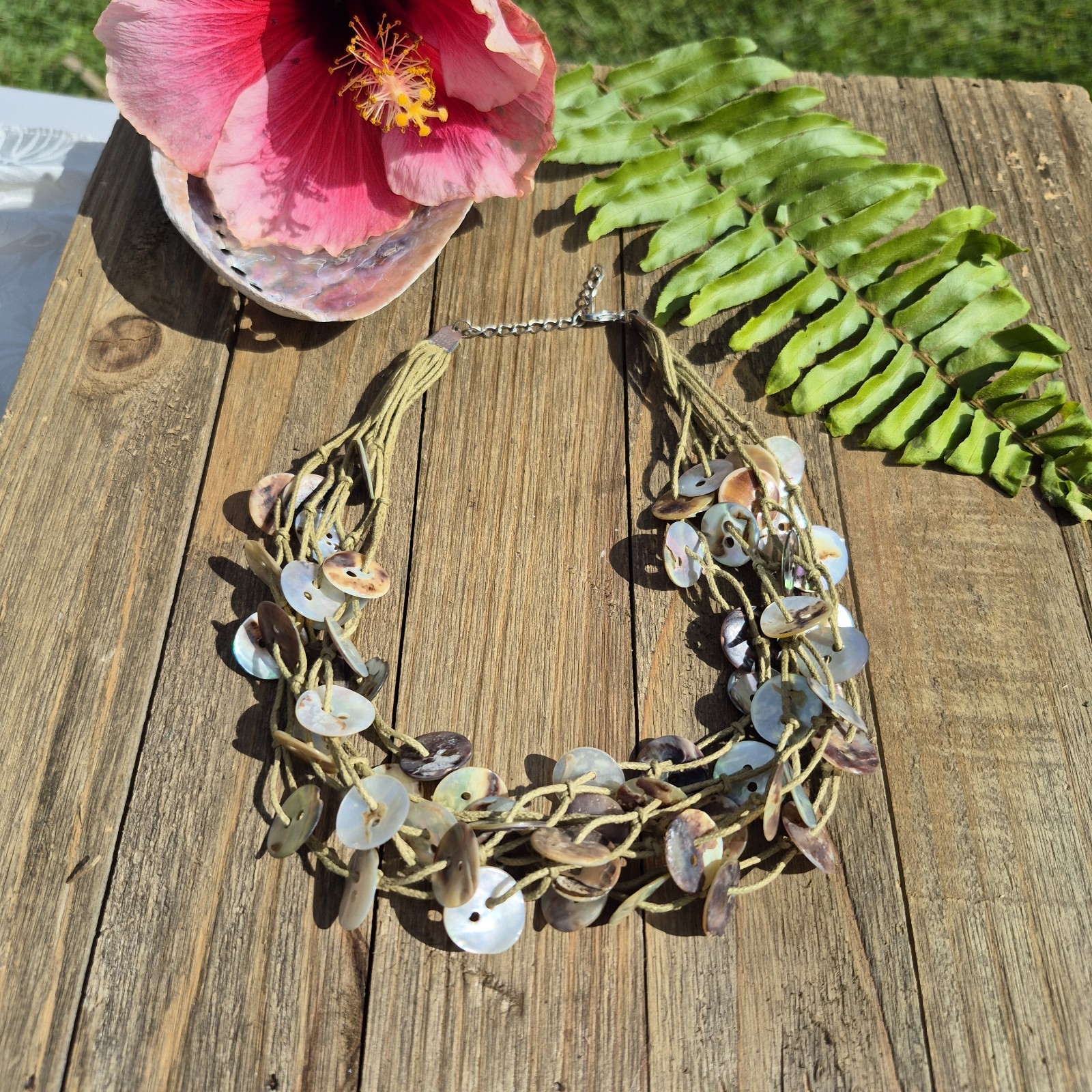 Handmade Multi-Strand Shell Button Cord Necklace … - image 1