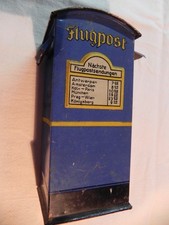 Blechspardose Flugpost Briefkasten blau. Beide Klappen über den Einwurfschlitzen