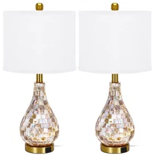 Modern Coastal Table Lamps Set of 2, Natural Mother of Pearl Tiles 23.5" Beds...