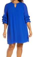 NWT  Vince Camuto Plus 22W Chiffon Ruffle Sleeves Shift Dress Cobalt Blue Lined