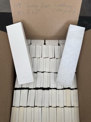 Lot of 48 White Cardboard Jewelry Gift Boxes, 8 x 2 x 1 in, Cotton Filled