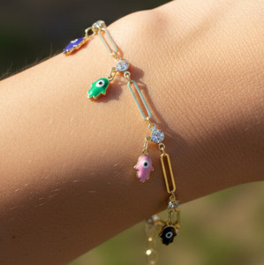 Authentic Multi-Color Enamel Hamsa Bracelet 18K Gold Plated Paperclip Chain with CZ