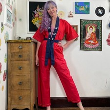 Vintage Asian Pajama Set, 1970s Embroidered Robe and Pants, Red and Navy, Sz M