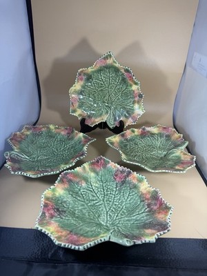 BORDALLO PINHEIRO Portugal Footed Majolica AUTUMN LEAF Appetizer Dish Set of 4