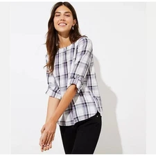 Loft Lavender Plaid Flowy Roll-Tab Sleeve Shirred Back Keyhole Button Blouse SP