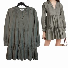 BB DAKOTA STEVE MADDEN Olive Cotton Shift Dress Long Sleeve Mini Tiered V Neck