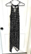 Womens Lucky Brand black & ivory tribal print hankerchief bottom maxi dress S