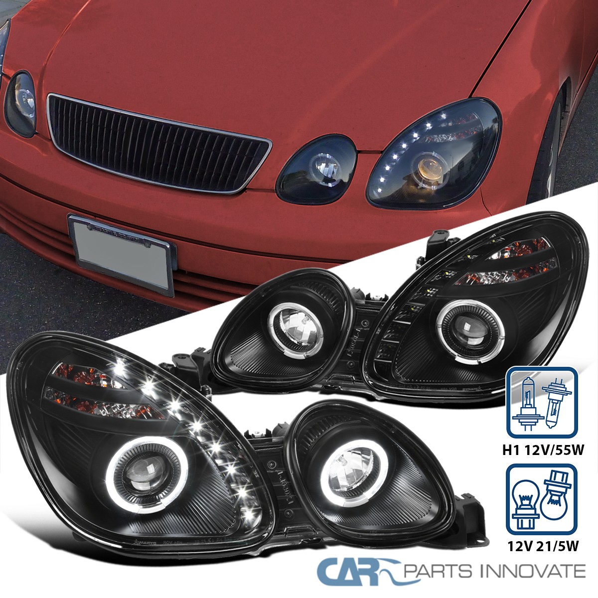 Fits 01-05 Lexus GS300 GS400 GS430 Black LED Halo Projector