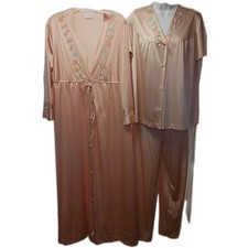 Vintage JC Penney Womens 3 Pc Pajama  Robe Size M Peach Embroidered Floral Trim
