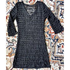 Black Mesh Beach Coverup Dress V-Neck Bell Sleeves See Through Size Medium