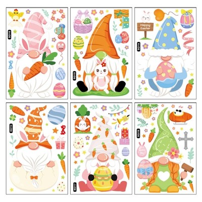 6 Sheets Easter Window Clings Bunny Egg Gnome Glass Door Decals for Home Office