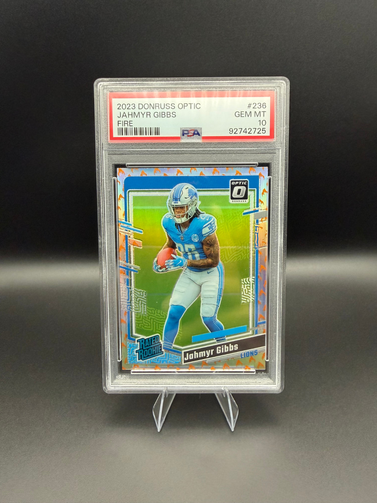 Jahmyr Gibbs 2023 Donruss Optic Rated Rookie #236 Fire Emoji Prizm RC PSA 10 GEM