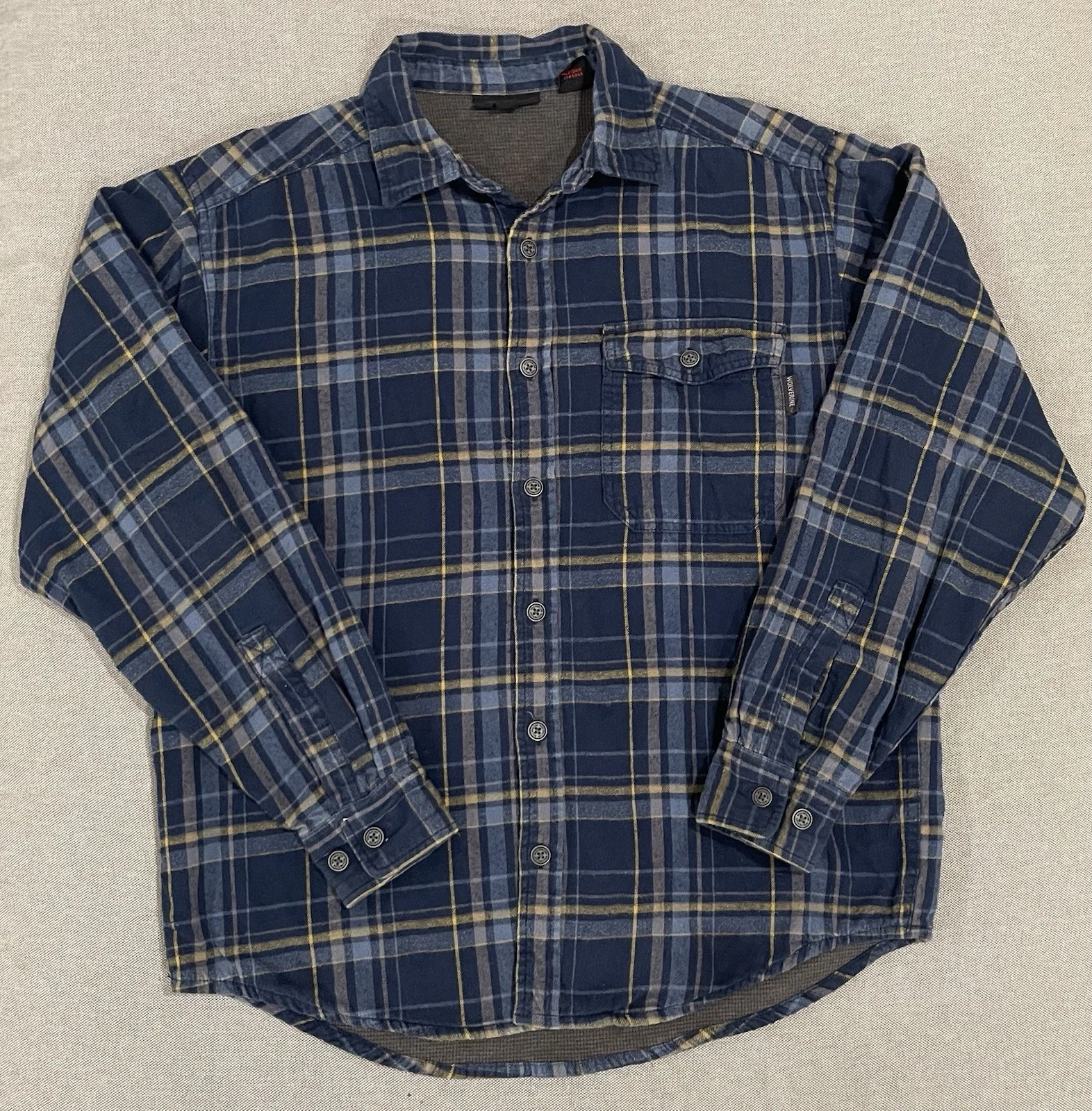 Wolverine Men’s Thermal Lined Button Up Shirt Med Plaid Blue Gray Workwear Gear