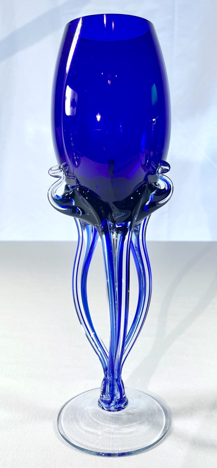 Cobalt Blue Makora Krosno? Jellyfish Handblown Art Glass Vase Bowl Poland, EXC!