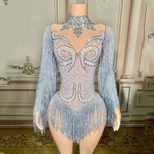 Women Rhinestones Tassel Bodysuit Performance Costumes Singer Dancer Stage Wear