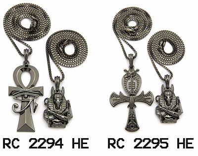 Egyptian Polished Ankh, Anubis Pendant 24'',30'' Box Chain 2 Necklace Set