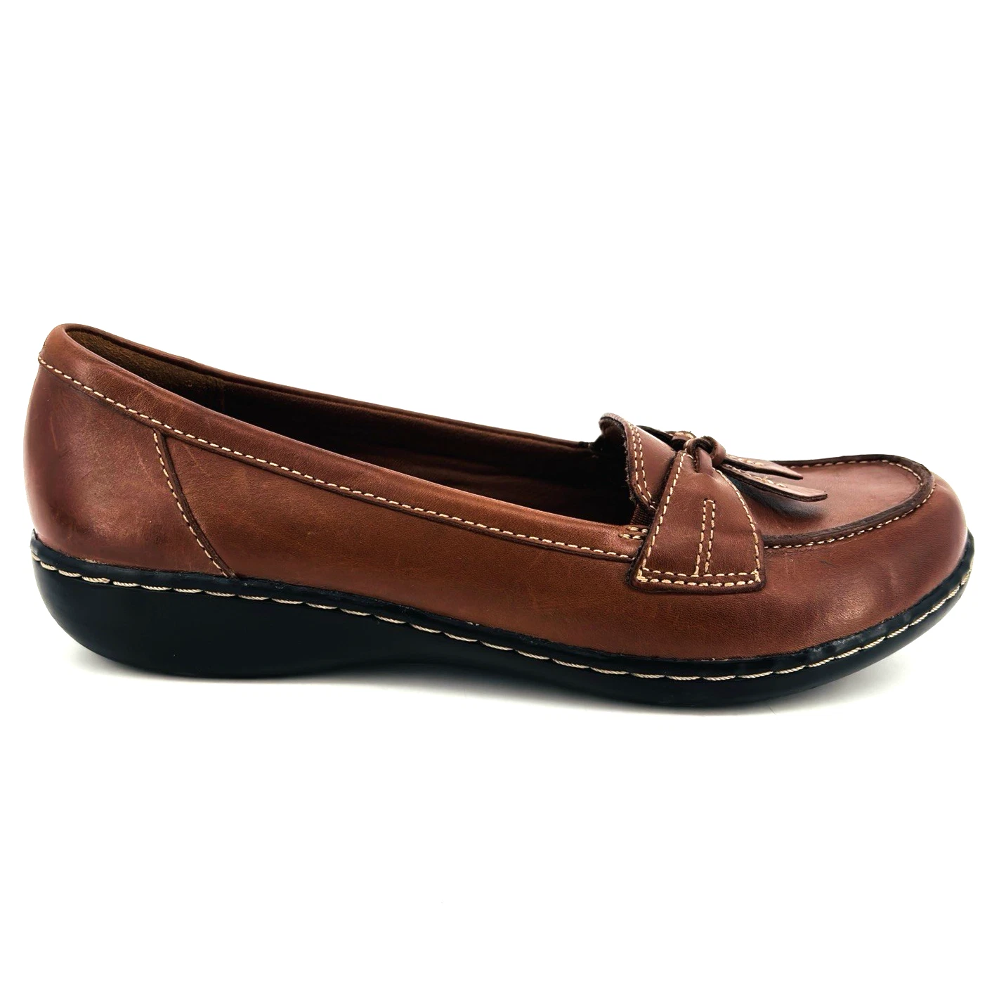 Mocassini donna 8 5 M Clarks Ashland Bubble scarpe slip on pelle marrone nappa