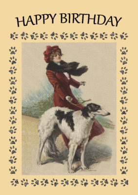 BORZOI LADY AND DOG BIRTHDAY GREETINGS NOTE CARD