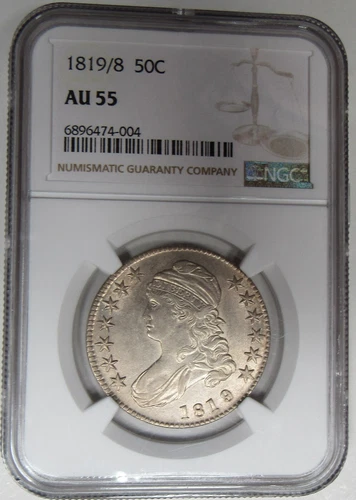 1819/8 , Small 9, Capped Bust Half Dollar NGC AU55, Looks 58+, Sure CAC.