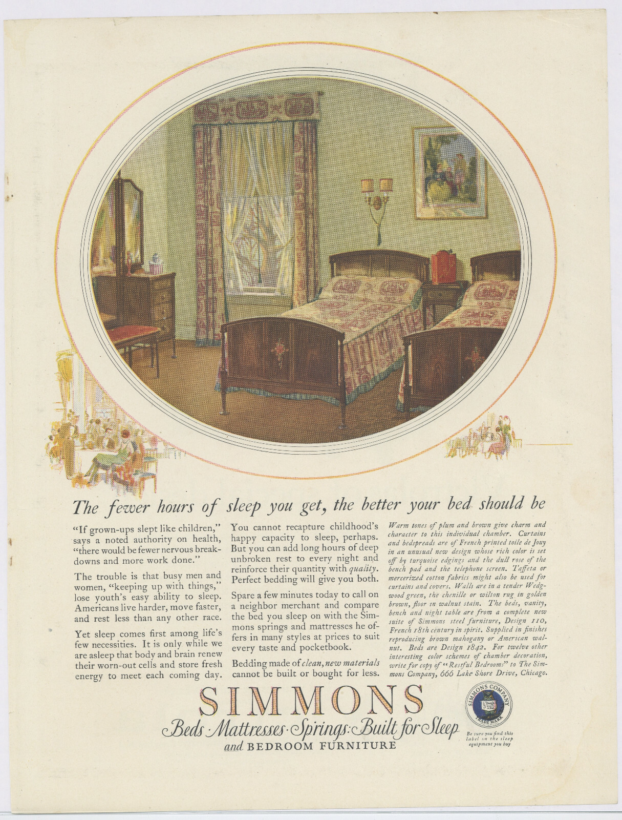 1923 Simmons Mattresses Advertisement Lake Shore Drive, Chicago