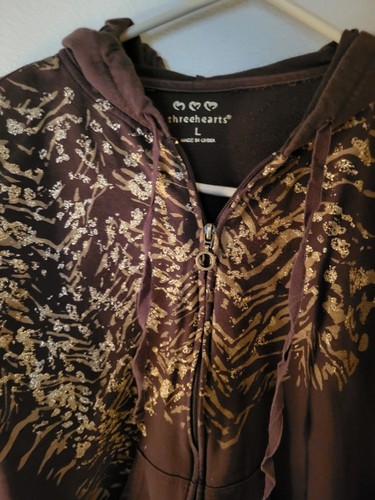 Three Hearts Size L Teen Brown Gold Sparkle Accents Hoodie Full Zip 24 L 21 Acro - Picture 22 of 24