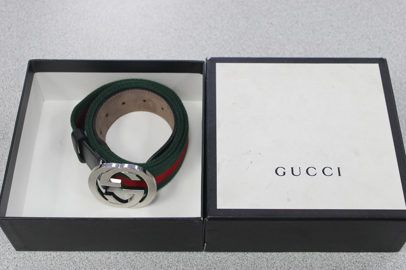 GUCCI 411924 CEINTURE WEB VERT RAYURE ROUGE AVEC BOUCLE G TAILLE 46
