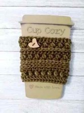 crochet handmade coffee cup cozy drink sleeve heart chocolate brown USA made new