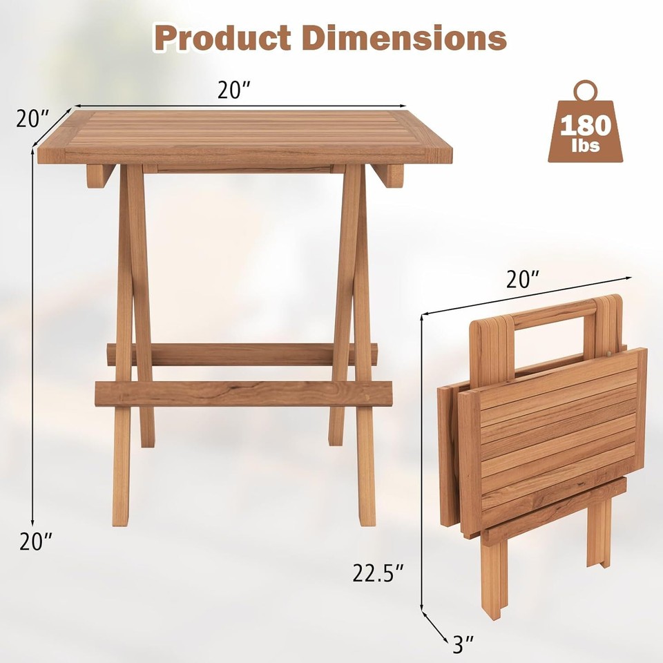 Patio Folding Side Table, Teak Wood Square End Table with Slatted