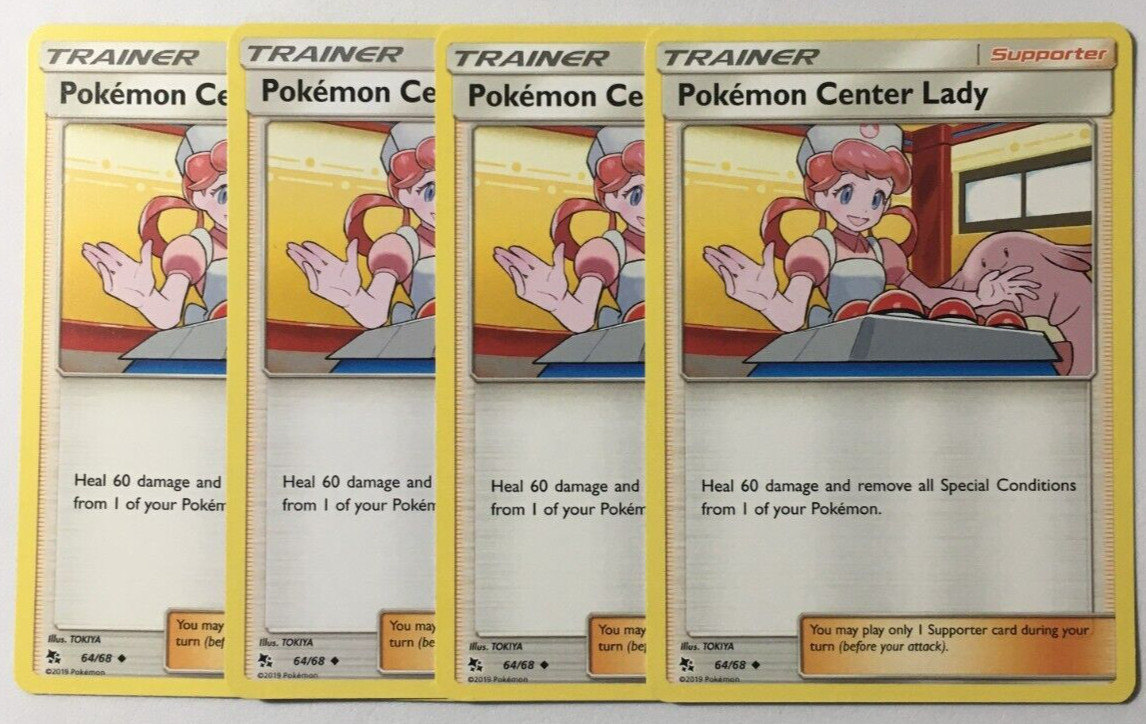 POKEMON 4 X POKEMON CENTER LADY 64/68 HIDDEN FATES UNCOMMON TRAINER NEAR MINT