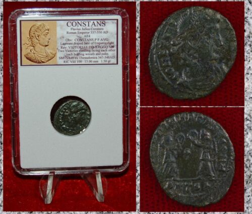 Ancient Roman Empire Coin CONSTANS Two Victories With Wreath Thessalonica Mint - Afbeelding 1 van 4