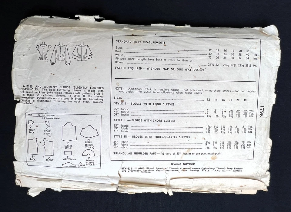 Simplicity 1796 Misses Blouses Vintage 1940's Pattern Old Size 14 Bust 32" Uncut - Image 2 of 2