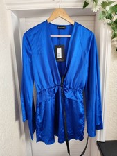 PrettyLittleThing Cobalt Blue Satin Plunge Shift Dress Size 8 BNWT