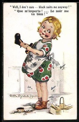 Künstler-AK sign.Gwen Hayward Young: Mädchen macht Schuhe schwarz 
