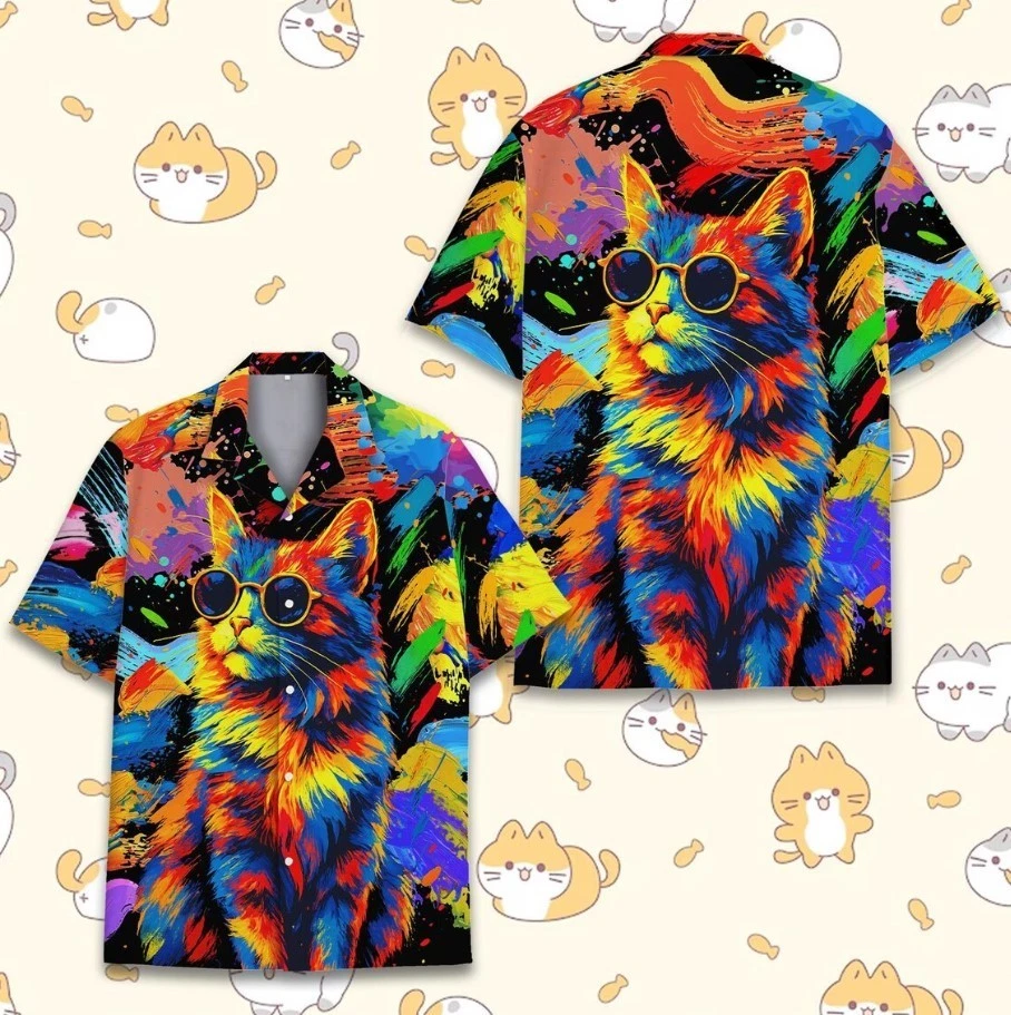 Colorful Cat Hawaiian Shirt Men Women Youth, Trippy Sunglasses Cat Shirt
