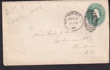 1890 2c postal cover Rockford IL to Miss Kate J Anthony Providence RI