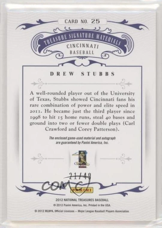 2012 Panini National Treasures Treasure Signature Materials /49 Drew Stubbs Auto - Image 2 of 2