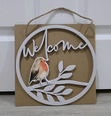 WILLKOMMENSSCHILD / ROTKEHLCHEN HOLZ HÄNGESCHILD - GRAU - RUND - HAUS WEIHNACHTSGESCHENK - VOGEL