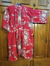 Japanese Cotton Kimono Robe Red Floral Crane Pattern Woven-One Size